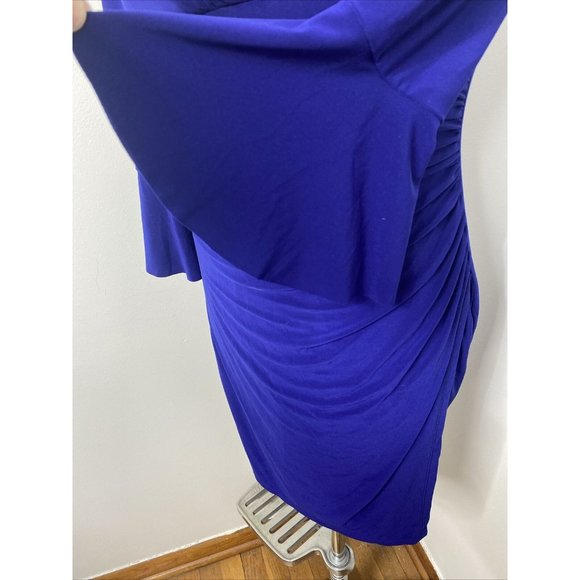 Ralph Lauren Dress Royal Blue 8 Ruched Side V Neck Wiggle Midi 3/4 Ruffle Sleeve - Picture 4 of 8